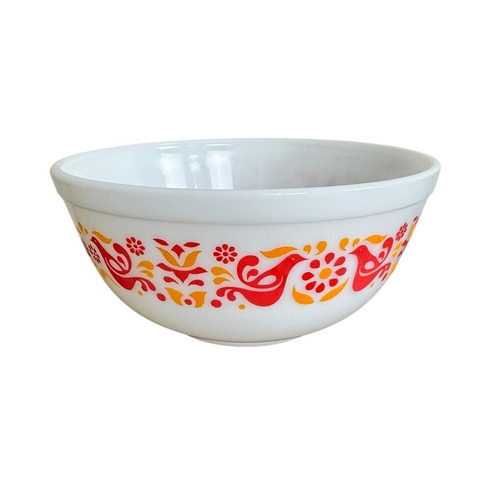 Vintage Pyrex Friendship 403 Mixing Bowl Red & Orange Birds 2.5 Qt Milk Glass